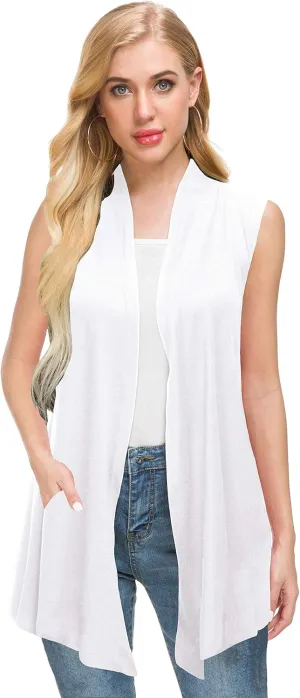 Afibi Women's Lightweight Sleeveless Open Front Drape Vest Cardigan with Pockets