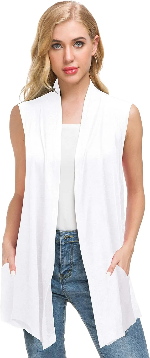 Afibi Women's Lightweight Sleeveless Open Front Drape Vest Cardigan with Pockets