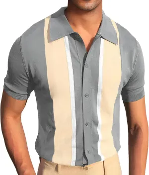 Aiyino Mens Polo Shirts Vintage Striped Lightweight Knitting Golf Shirts