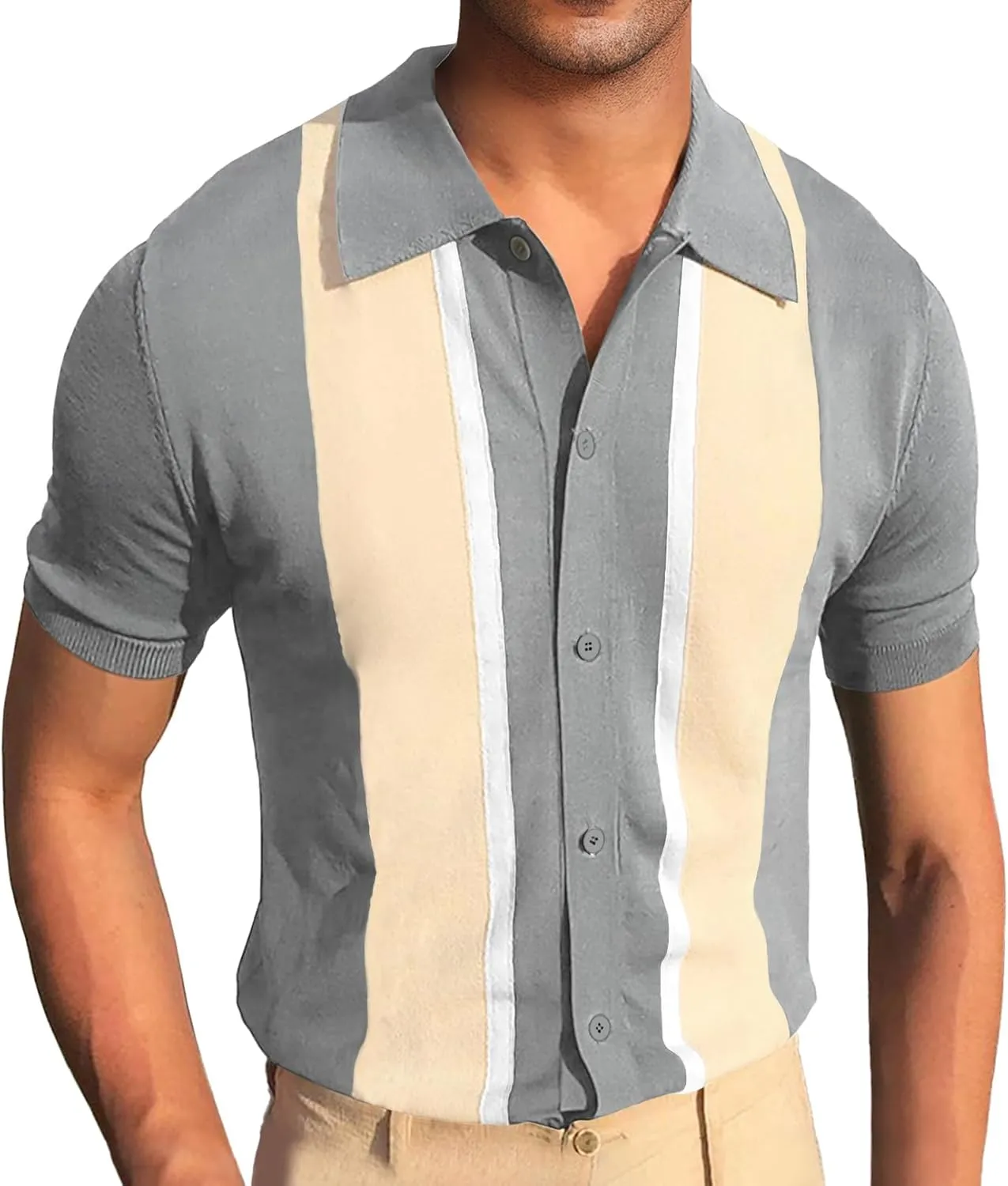 Aiyino Mens Polo Shirts Vintage Striped Lightweight Knitting Golf Shirts