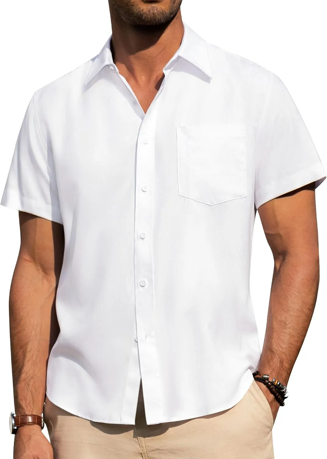 Alimens & Gentle Mens Linen Shirts Short Sleeve Button Down Shirts Wrinkle Free Casual Vacation Beach Summer Tops
