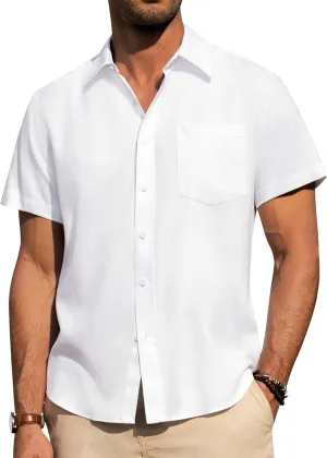 Alimens & Gentle Mens Linen Shirts Short Sleeve Button Down Shirts Wrinkle Free Casual Vacation Beach Summer Tops