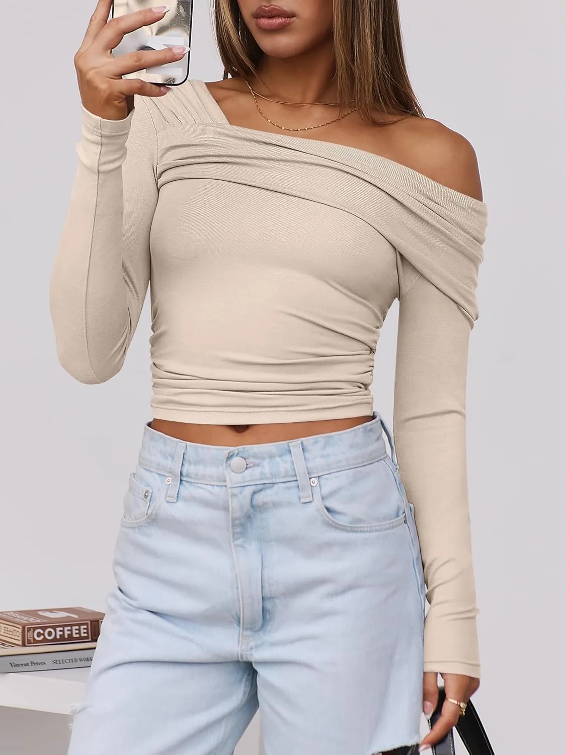 ANRABESS Womens One Off Shoulder Shirts Long Sleeve Going Out Crop Tops Ruched Tight Casual Blouse 2025 Trendy