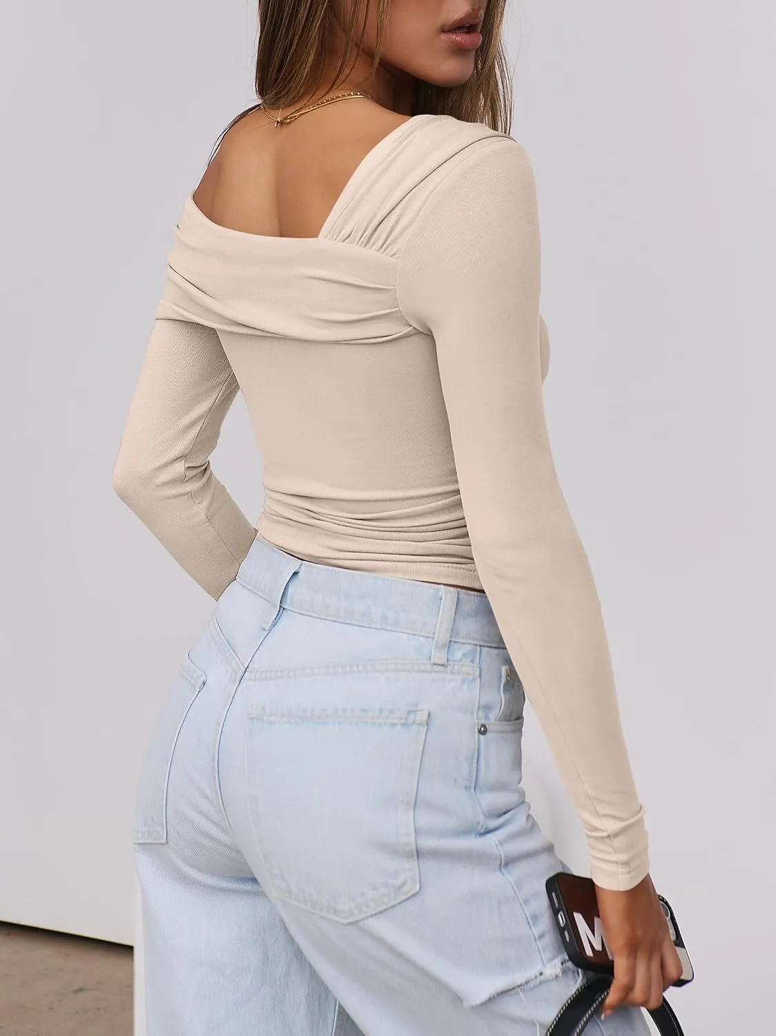 ANRABESS Womens One Off Shoulder Shirts Long Sleeve Going Out Crop Tops Ruched Tight Casual Blouse 2025 Trendy