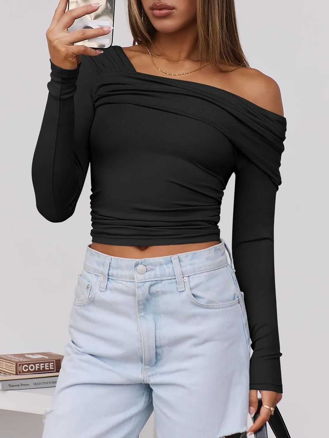 ANRABESS Womens One Off Shoulder Shirts Long Sleeve Going Out Crop Tops Ruched Tight Casual Blouse 2025 Trendy