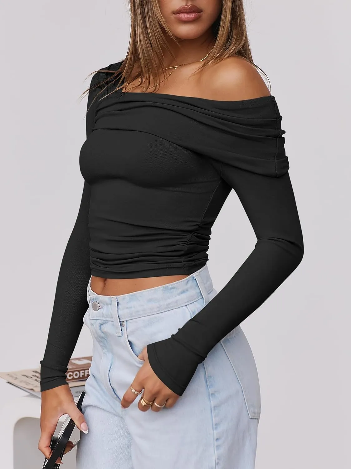 ANRABESS Womens One Off Shoulder Shirts Long Sleeve Going Out Crop Tops Ruched Tight Casual Blouse 2025 Trendy