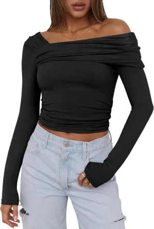 ANRABESS Womens One Off Shoulder Shirts Long Sleeve Going Out Crop Tops Ruched Tight Casual Blouse 2025 Trendy