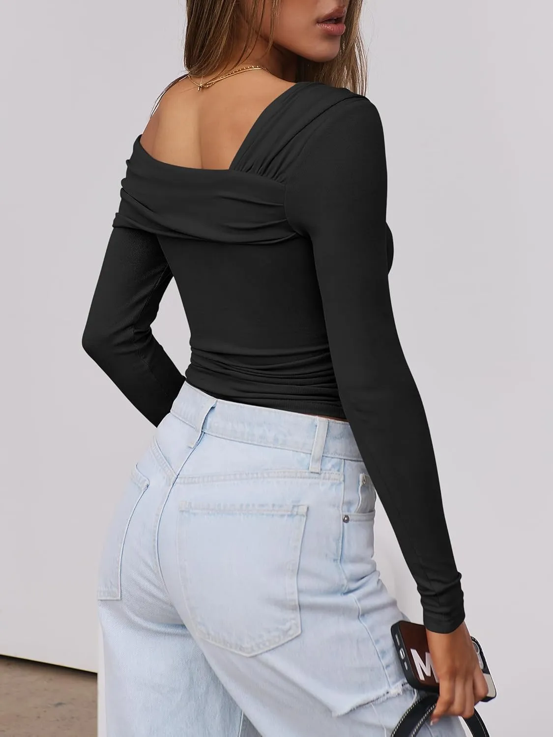 ANRABESS Womens One Off Shoulder Shirts Long Sleeve Going Out Crop Tops Ruched Tight Casual Blouse 2025 Trendy