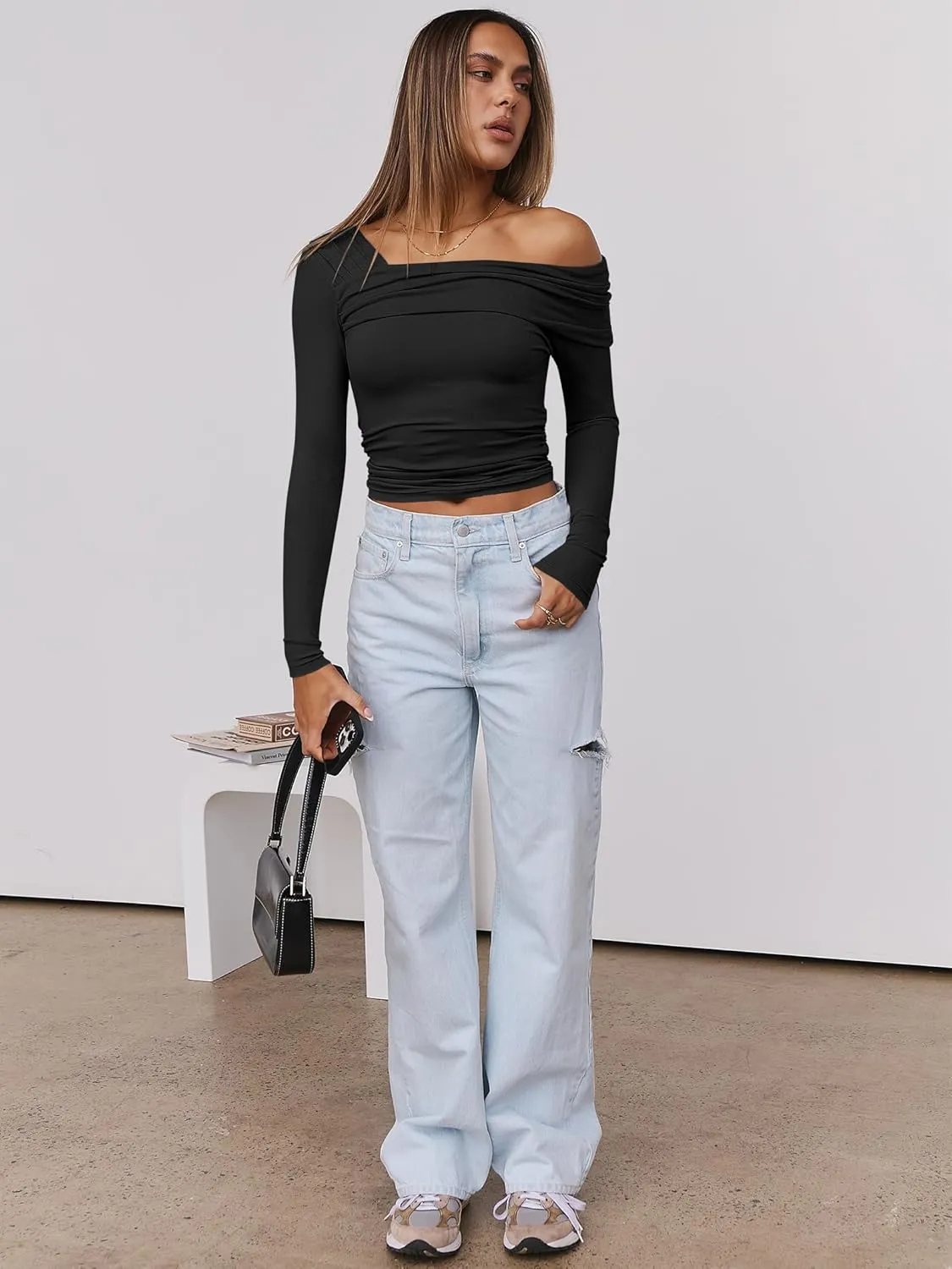 ANRABESS Womens One Off Shoulder Shirts Long Sleeve Going Out Crop Tops Ruched Tight Casual Blouse 2025 Trendy
