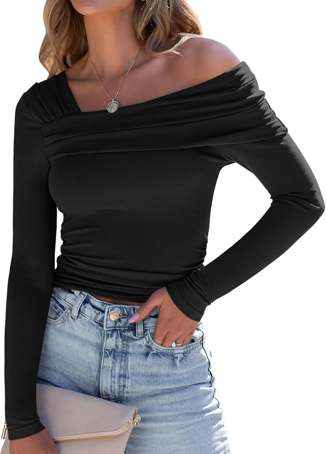 ANRABESS Womens One Off Shoulder Shirts Long Sleeve Going Out Crop Tops Ruched Tight Casual Blouse 2025 Trendy
