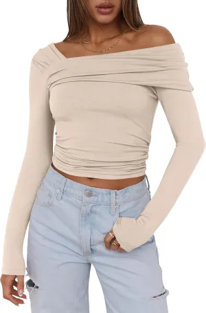 ANRABESS Womens One Off Shoulder Shirts Long Sleeve Going Out Crop Tops Ruched Tight Casual Blouse 2025 Trendy