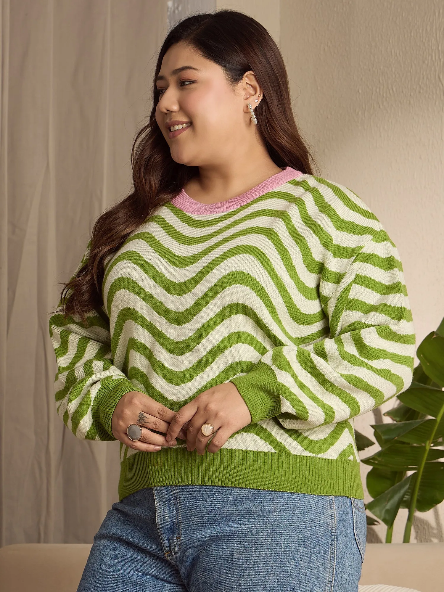 Berrylush Curve Women Green & White Striped Pattern Round Neck Drop-Shoulder Sleeve Ribbed Hem Regular Pullover