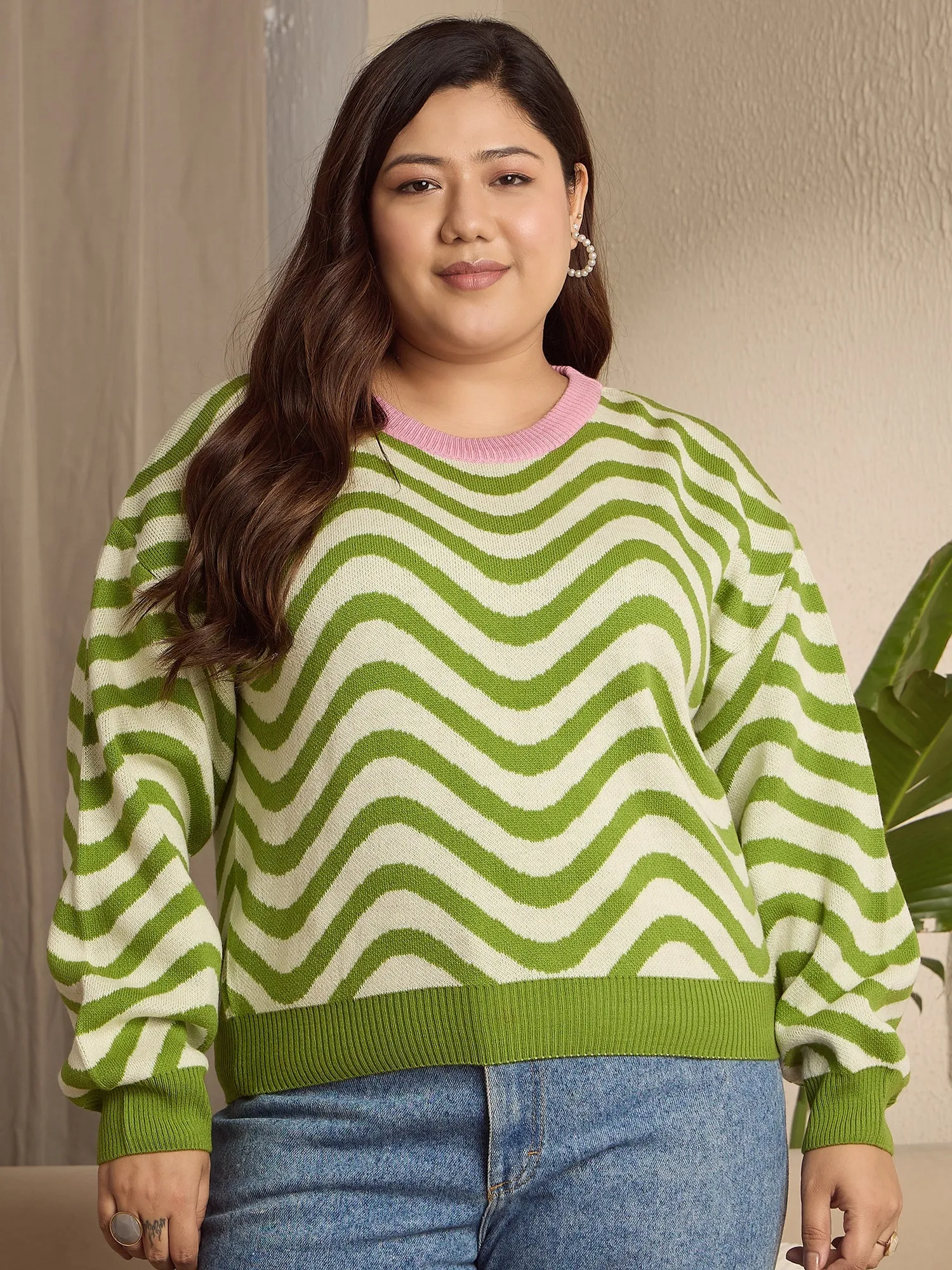 Berrylush Curve Women Green & White Striped Pattern Round Neck Drop-Shoulder Sleeve Ribbed Hem Regular Pullover