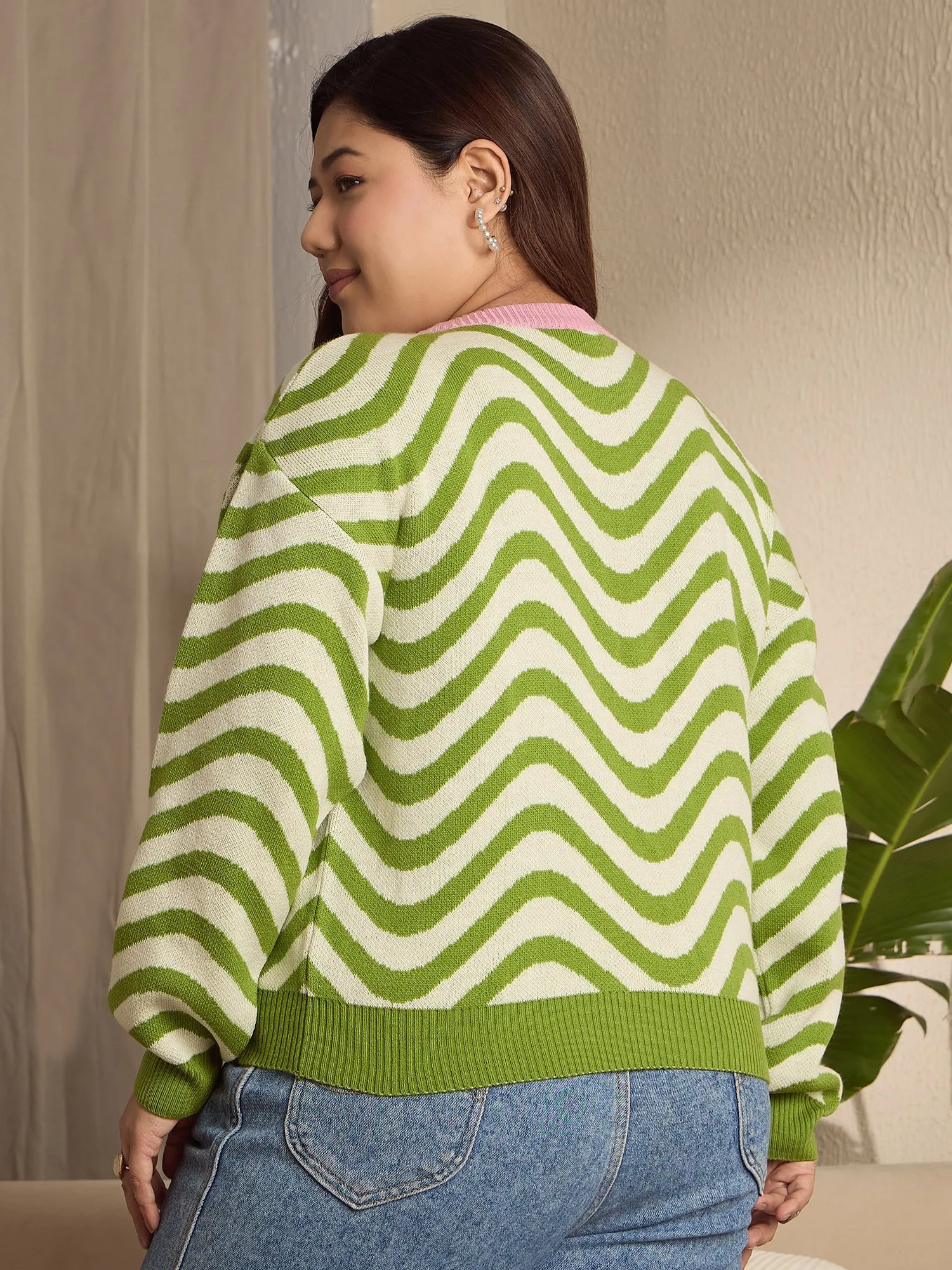 Berrylush Curve Women Green & White Striped Pattern Round Neck Drop-Shoulder Sleeve Ribbed Hem Regular Pullover