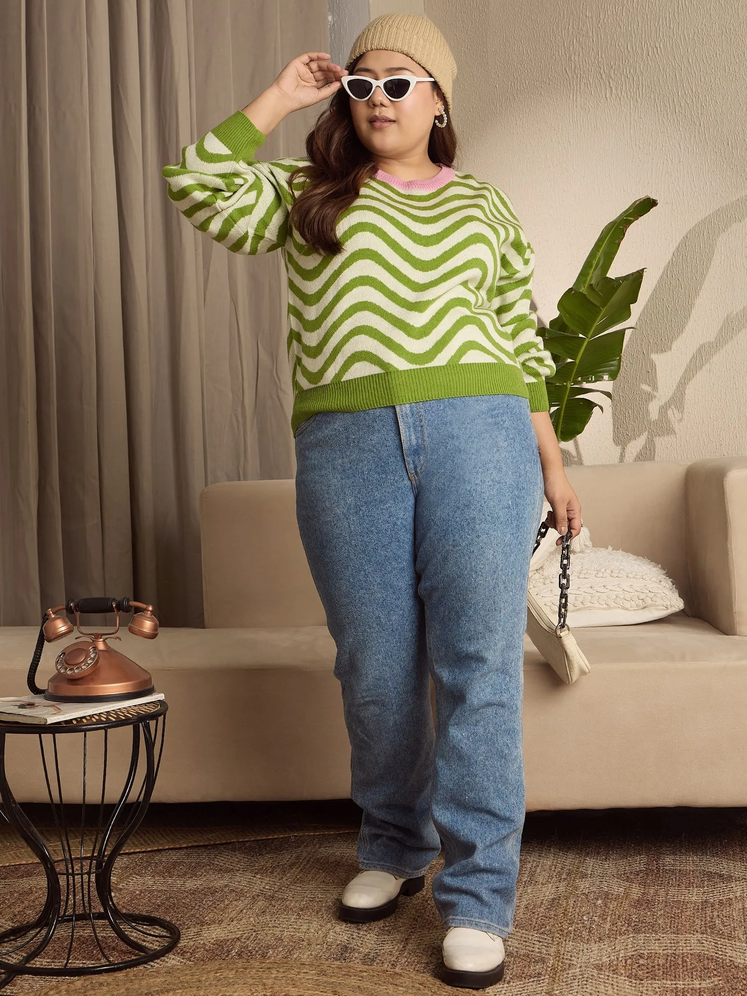 Berrylush Curve Women Green & White Striped Pattern Round Neck Drop-Shoulder Sleeve Ribbed Hem Regular Pullover