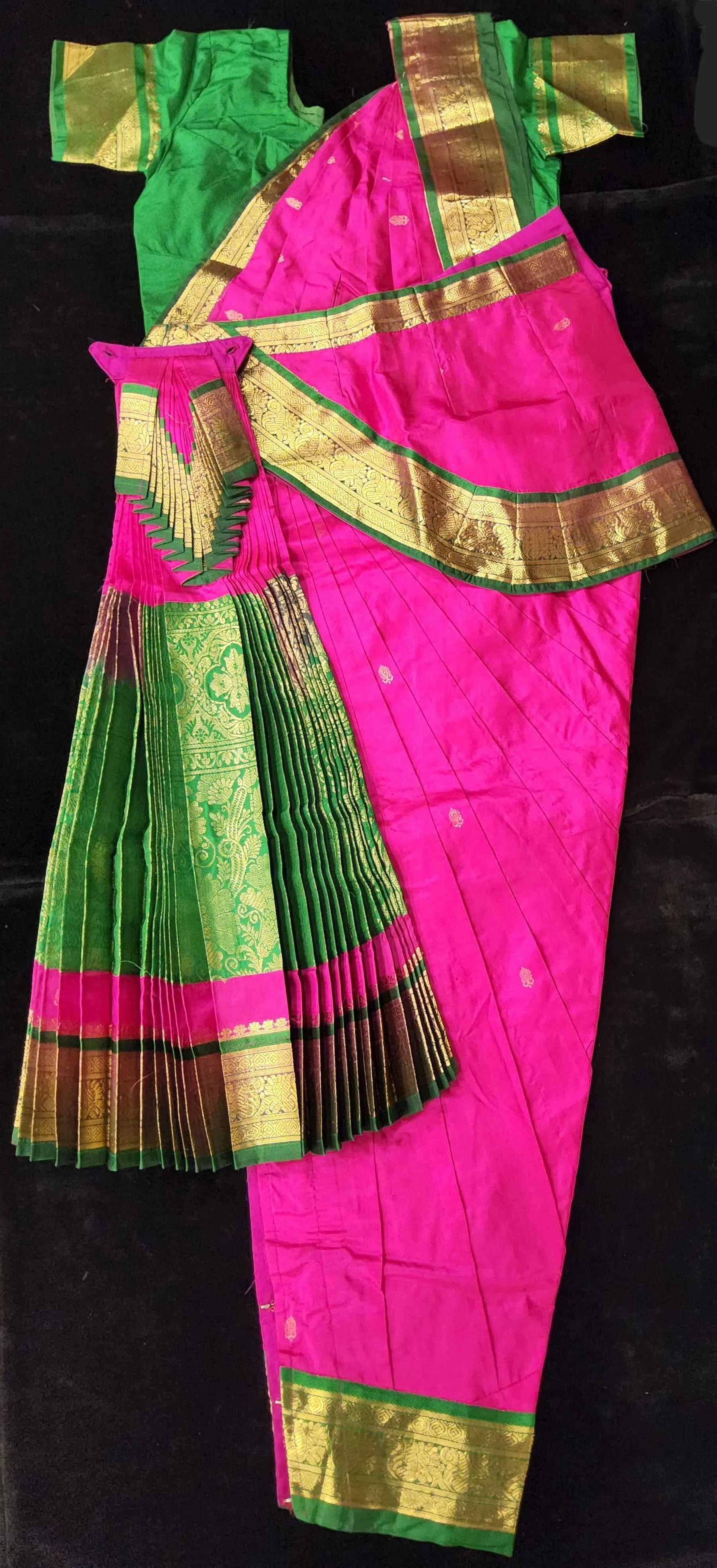 Bharatnatyam Dress | Pink with Green | Dharmavaram Silk | Readymade Dance Costume