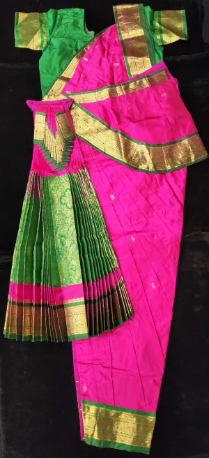 Bharatnatyam Dress | Pink with Green | Dharmavaram Silk | Readymade Dance Costume