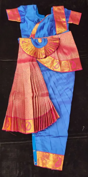 Bharatnatyam Dress | Ramar Blue with Pink | Silk Cotton with Normal Border | Readymade Dance Costume