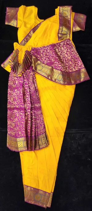 Bharatnatyam Dress | Yellow with Pink | Silk Cotton with Normal Border | Readymade Dance Costume