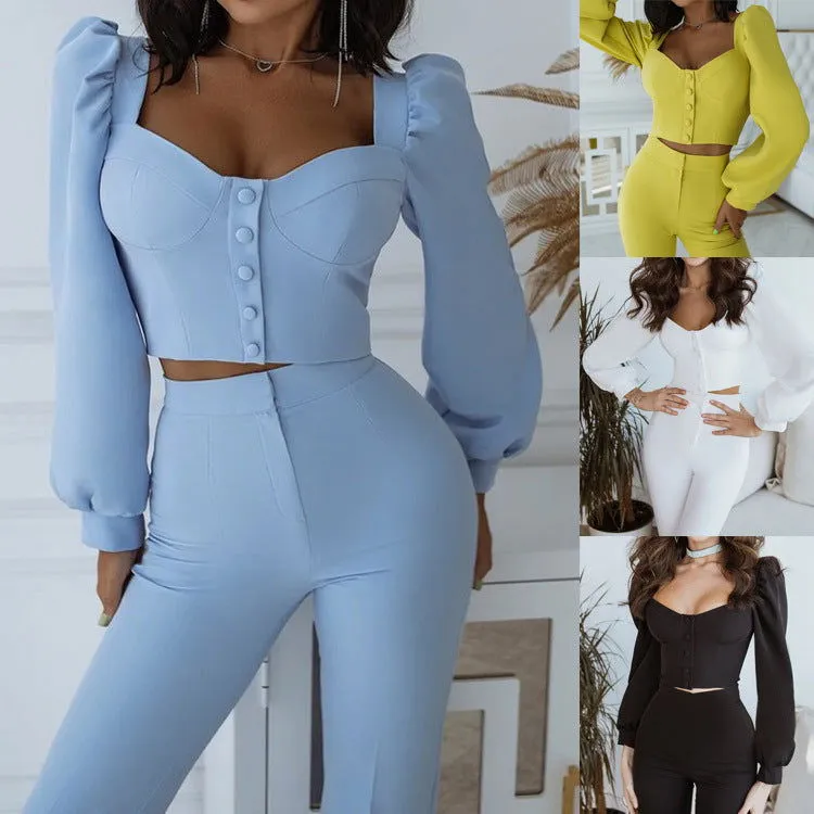 Bishop Sleeves Crop Top and Bell-bottom Pants