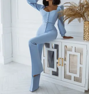 Bishop Sleeves Crop Top and Bell-bottom Pants