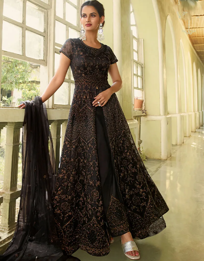 Black Anarkali style Gown Semi-Stitched Suits