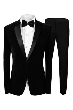 Black Peaked Lapel Two Pieces Velvet Prom Suits Groomsmen Suits