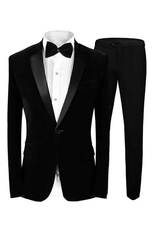 Black Peaked Lapel Two Pieces Velvet Prom Suits Groomsmen Suits