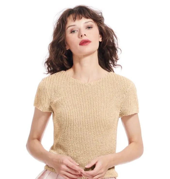 CHAMPAGNE PEARL ENCRUSTED SHORT SLEEVE TEE