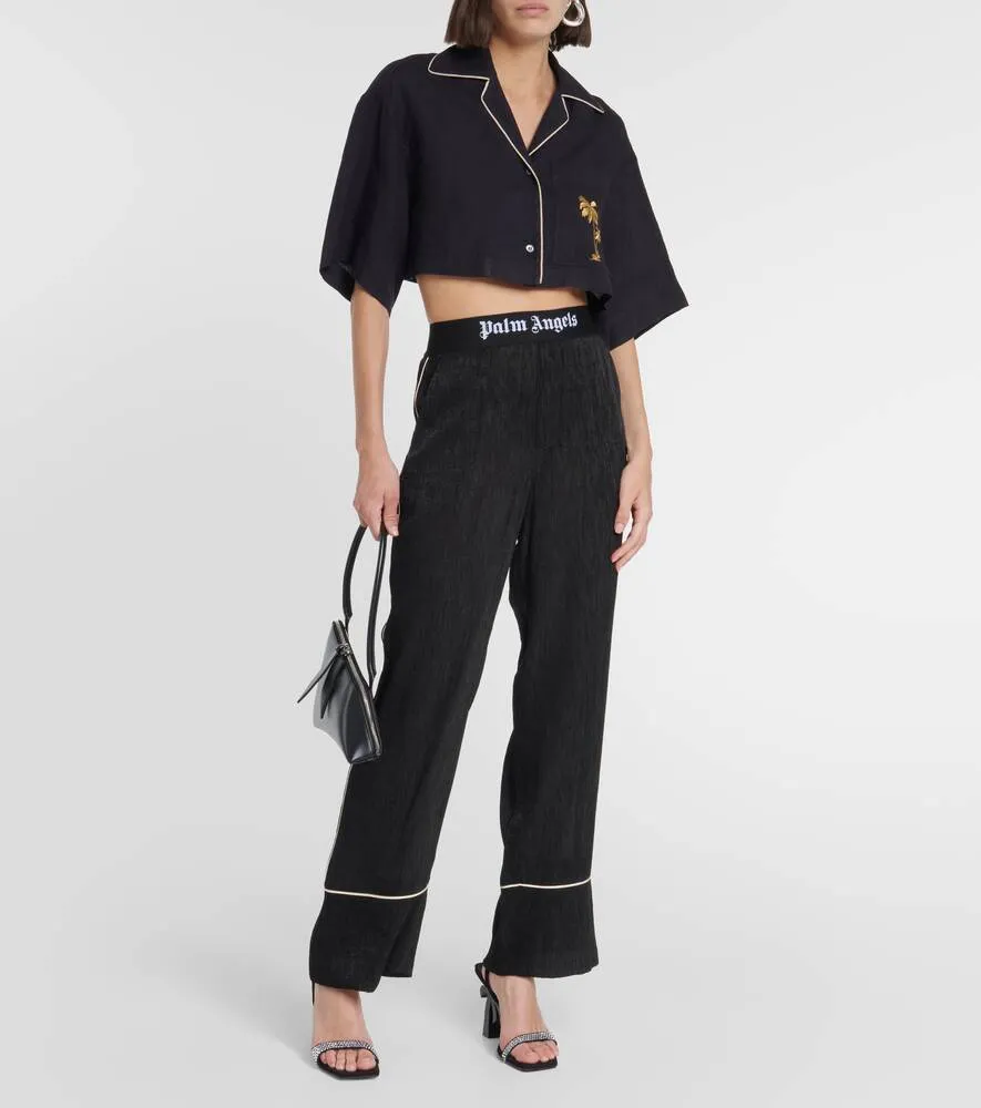 Cropped linen shirt with PALM ANGELS embroidery, black
