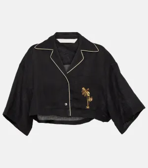 Cropped linen shirt with PALM ANGELS embroidery, black