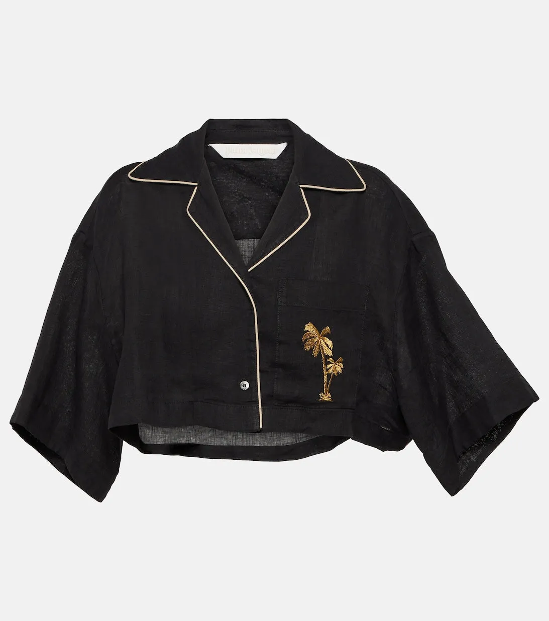 Cropped linen shirt with PALM ANGELS embroidery, black