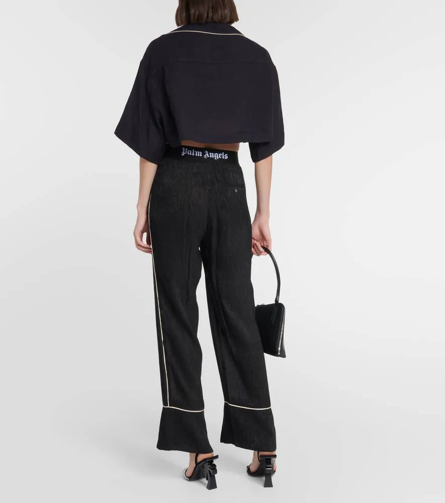 Cropped linen shirt with PALM ANGELS embroidery, black