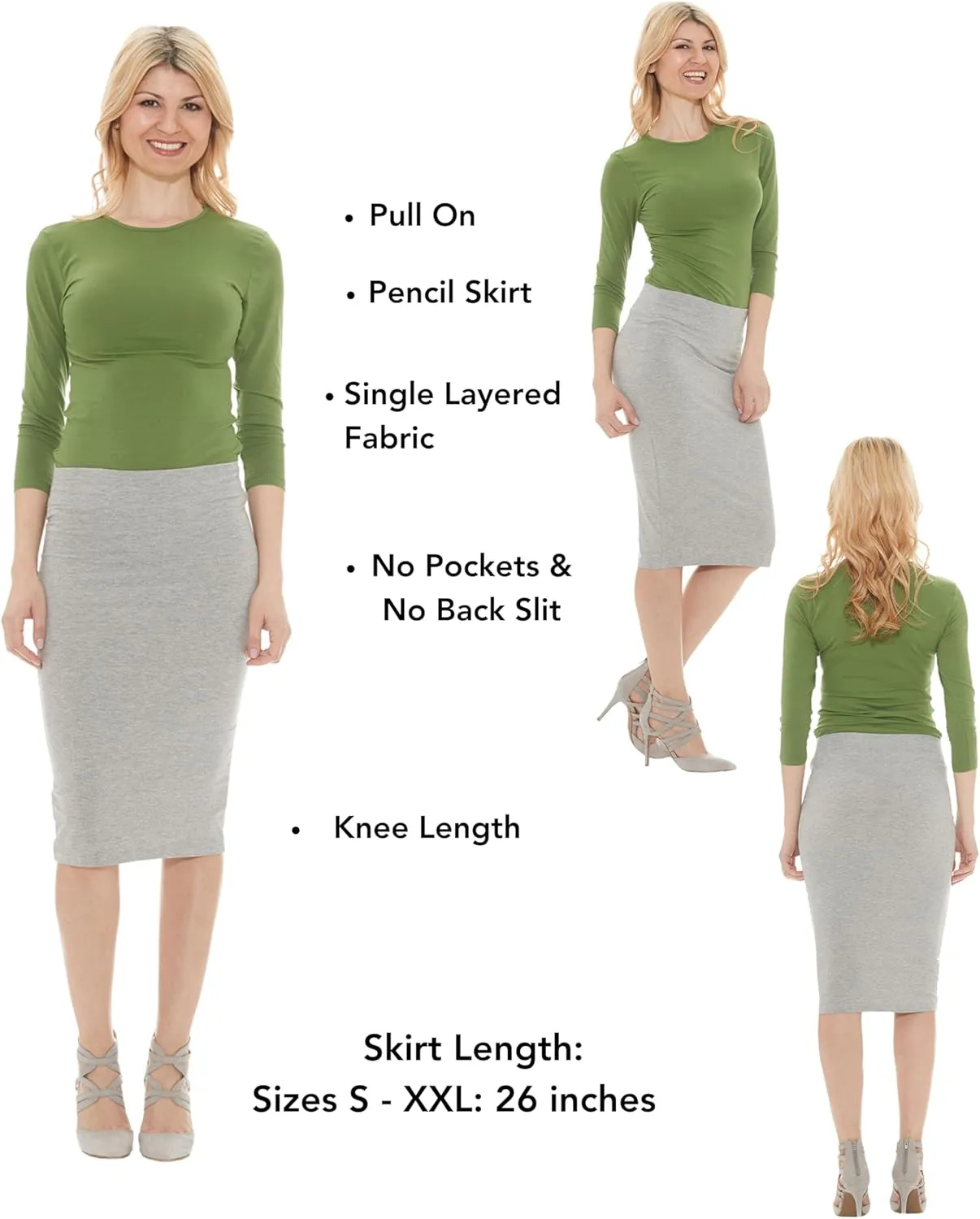 ESTEEZ Women's Lightweight Cotton Spandex Knee-Length Pencil Skirt - Modest, Comfortable, Everyday Wear