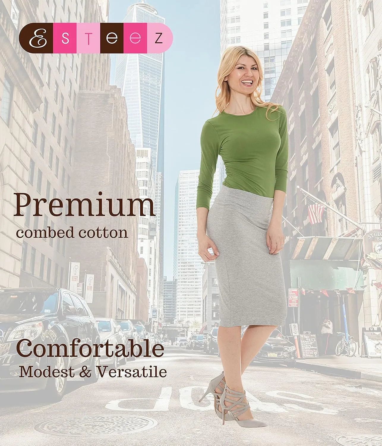 ESTEEZ Women's Lightweight Cotton Spandex Knee-Length Pencil Skirt - Modest, Comfortable, Everyday Wear