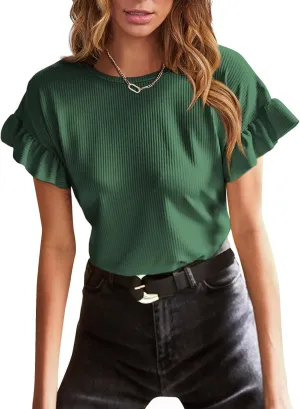 EVALESS Womens Summer Casual Short Sleeve Tops Ruffle Basic T Shirts Round Neck Solid Knit Loose Fit Tee Blouses