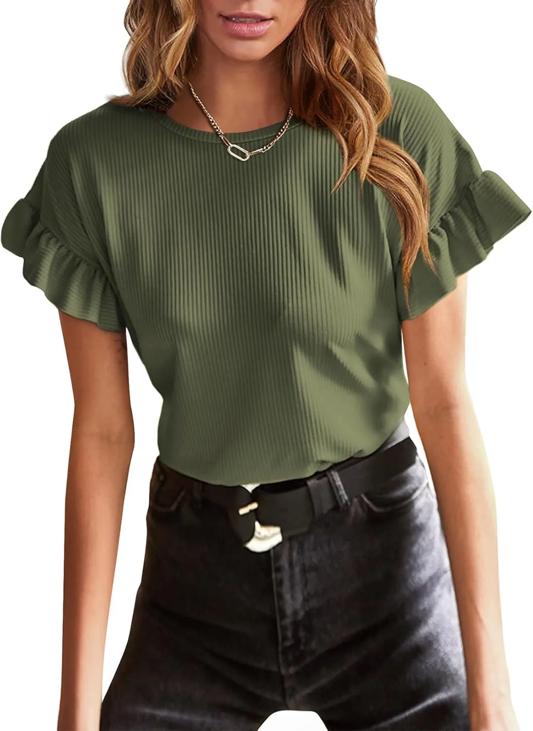 EVALESS Womens Summer Casual Short Sleeve Tops Ruffle Basic T Shirts Round Neck Solid Knit Loose Fit Tee Blouses
