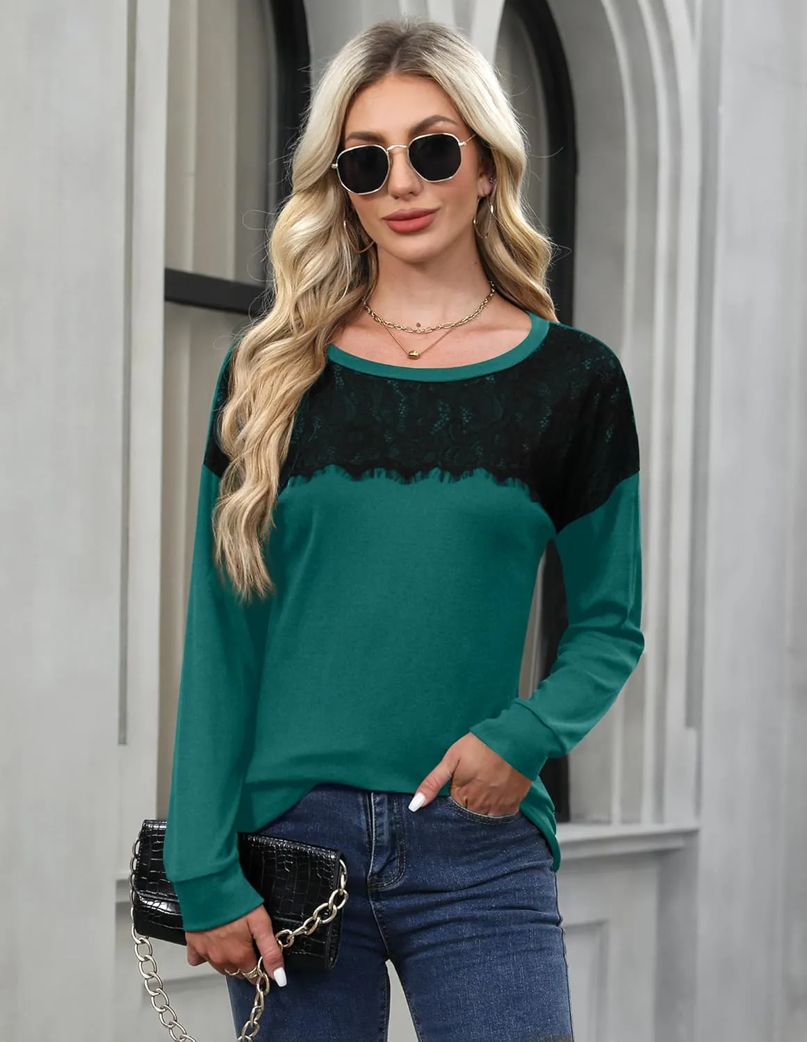 For G and PL Women's 2024 Fall Winter Long Sleeve Crewneck Lace Top Shirt Dressy Casual Elegant Sweatshirt