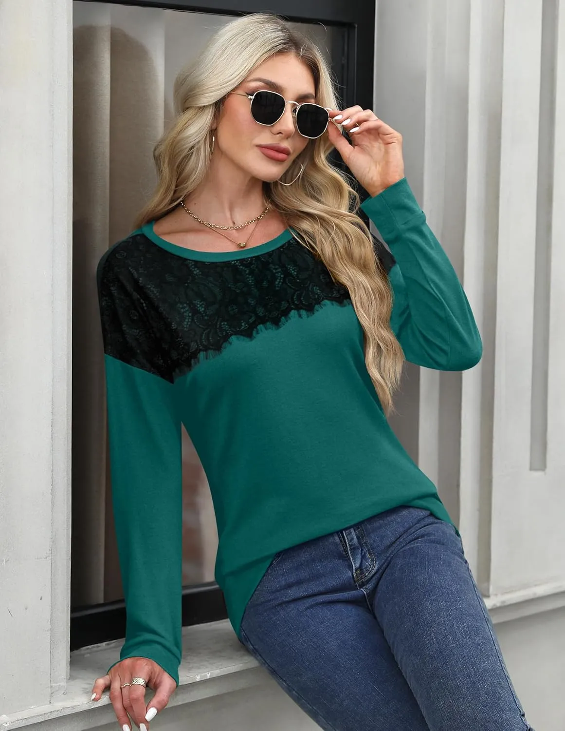 For G and PL Women's 2024 Fall Winter Long Sleeve Crewneck Lace Top Shirt Dressy Casual Elegant Sweatshirt
