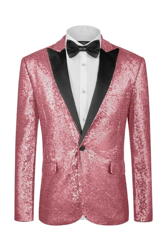 Glitter Pink Sequins Two Pieces Prom Suits  Black Peaked Lapel Bestmen Tuxedo