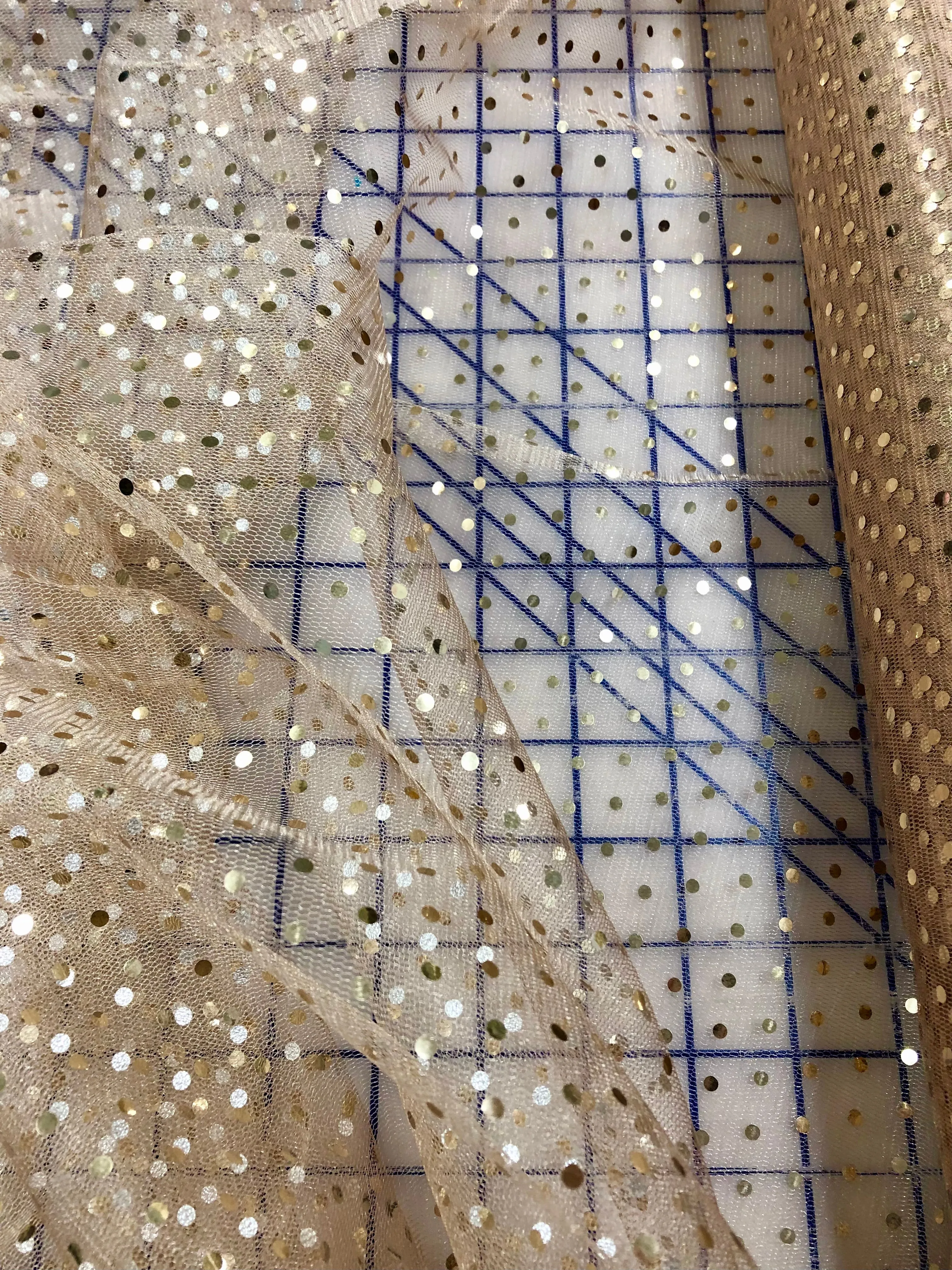 Hologram Dot Tulle - 58/60-inches Wide Beige with Gold Dots