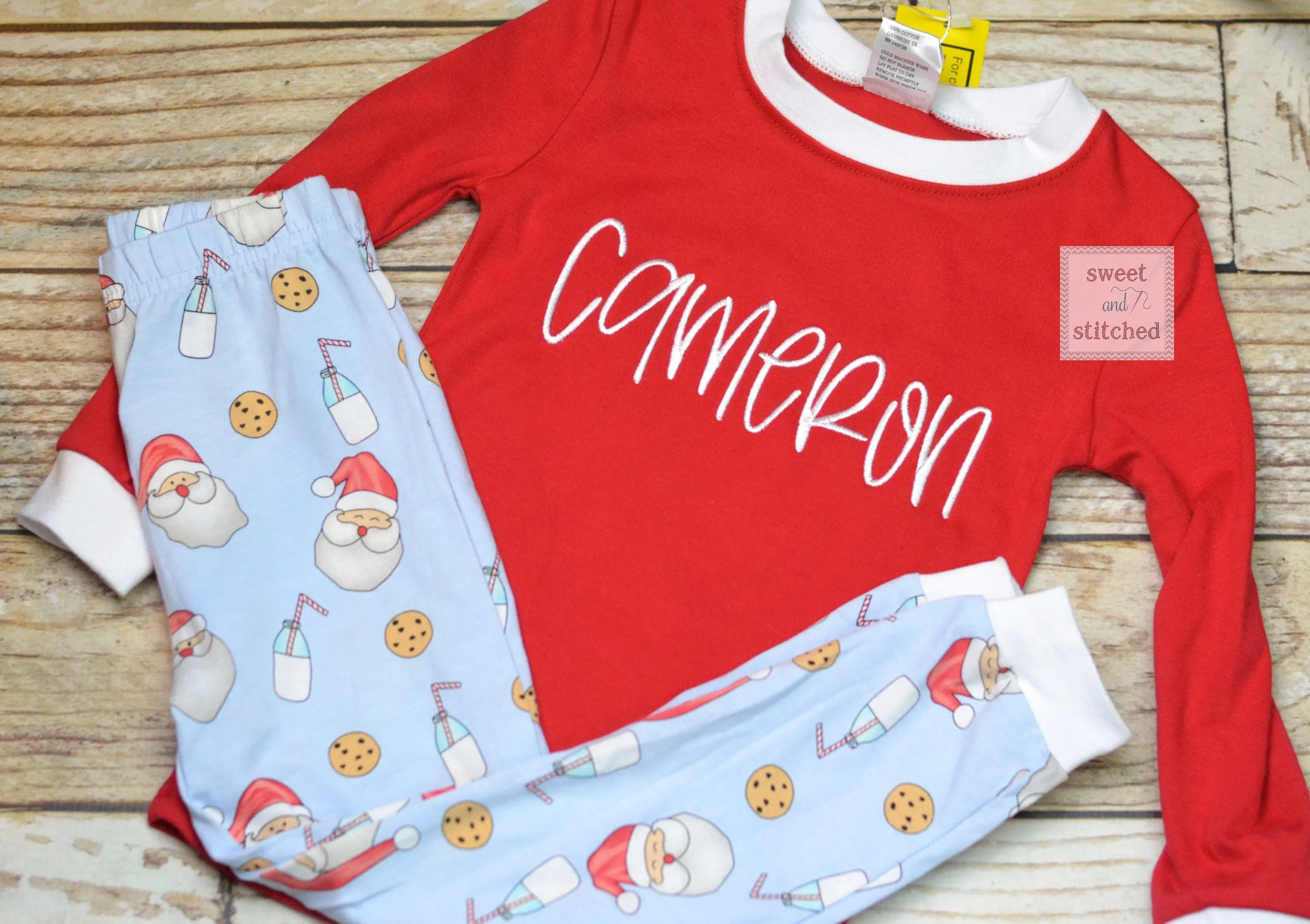 Kids Christmas Pajamas (Pjs, Jammies) in new Style 2021 with santa, cookies and milk design, monogrammed Christmas pjs