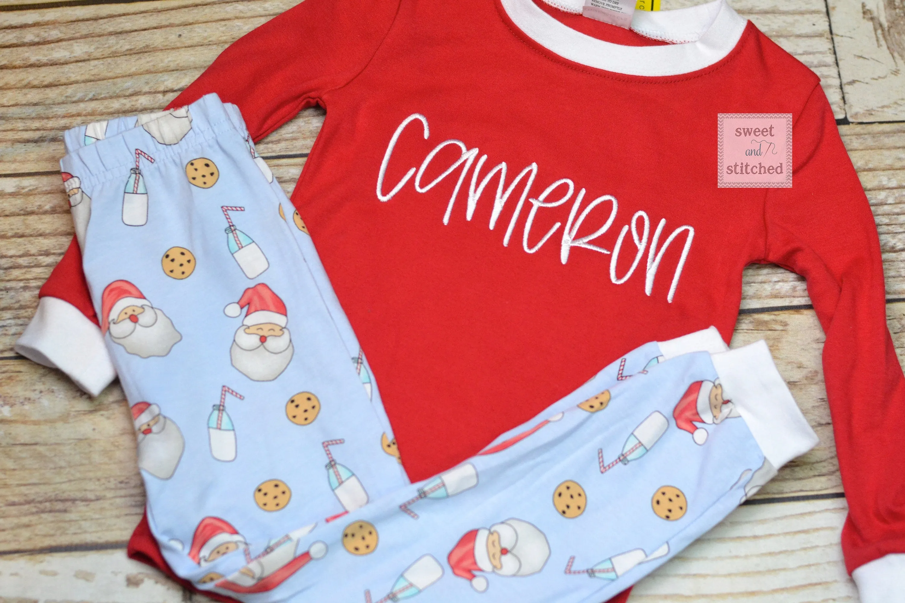 Kids Christmas Pajamas (Pjs, Jammies) in new Style 2021 with santa, cookies and milk design, monogrammed Christmas pjs