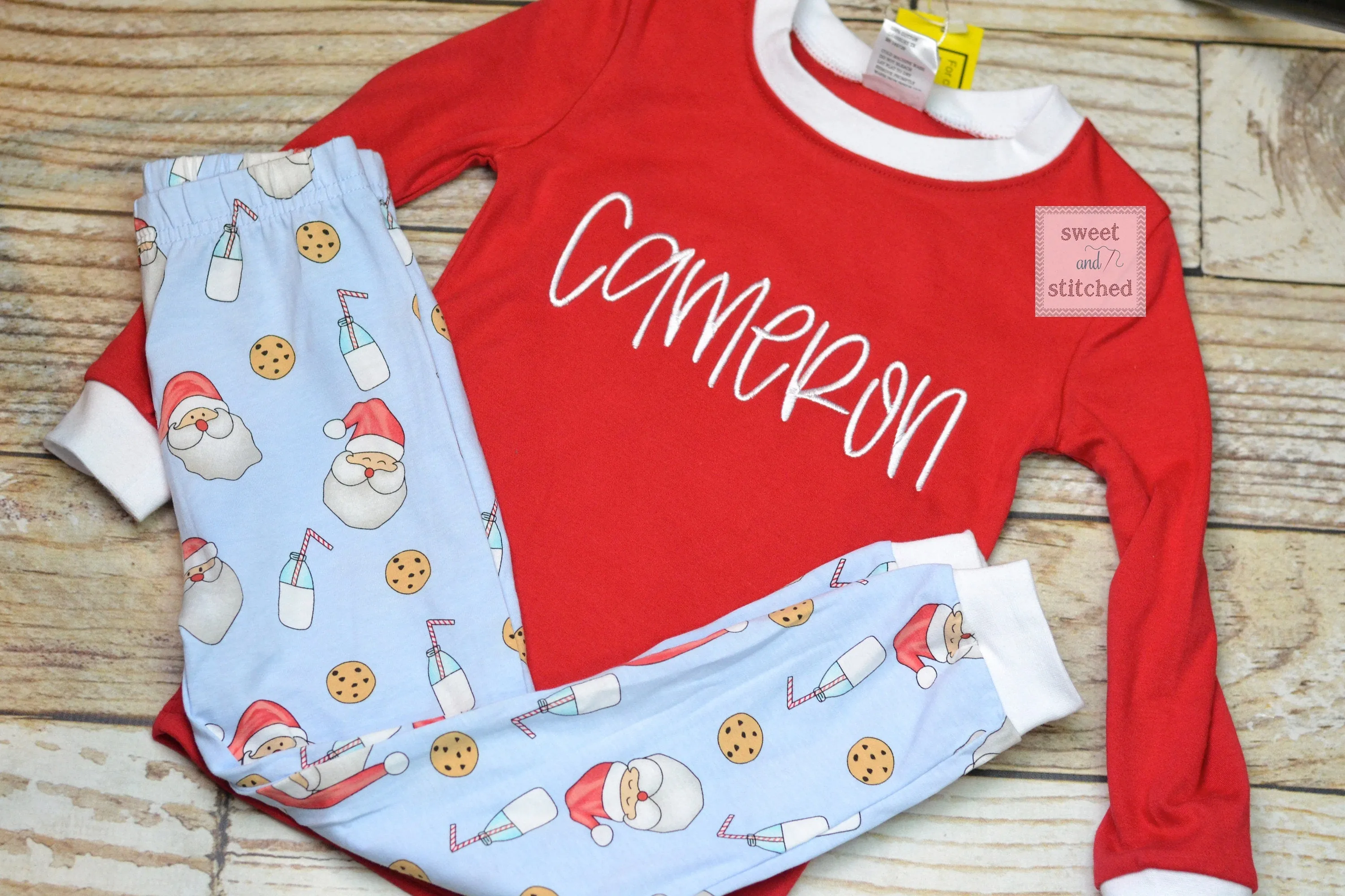 Kids Christmas Pajamas (Pjs, Jammies) in new Style 2021 with santa, cookies and milk design, monogrammed Christmas pjs