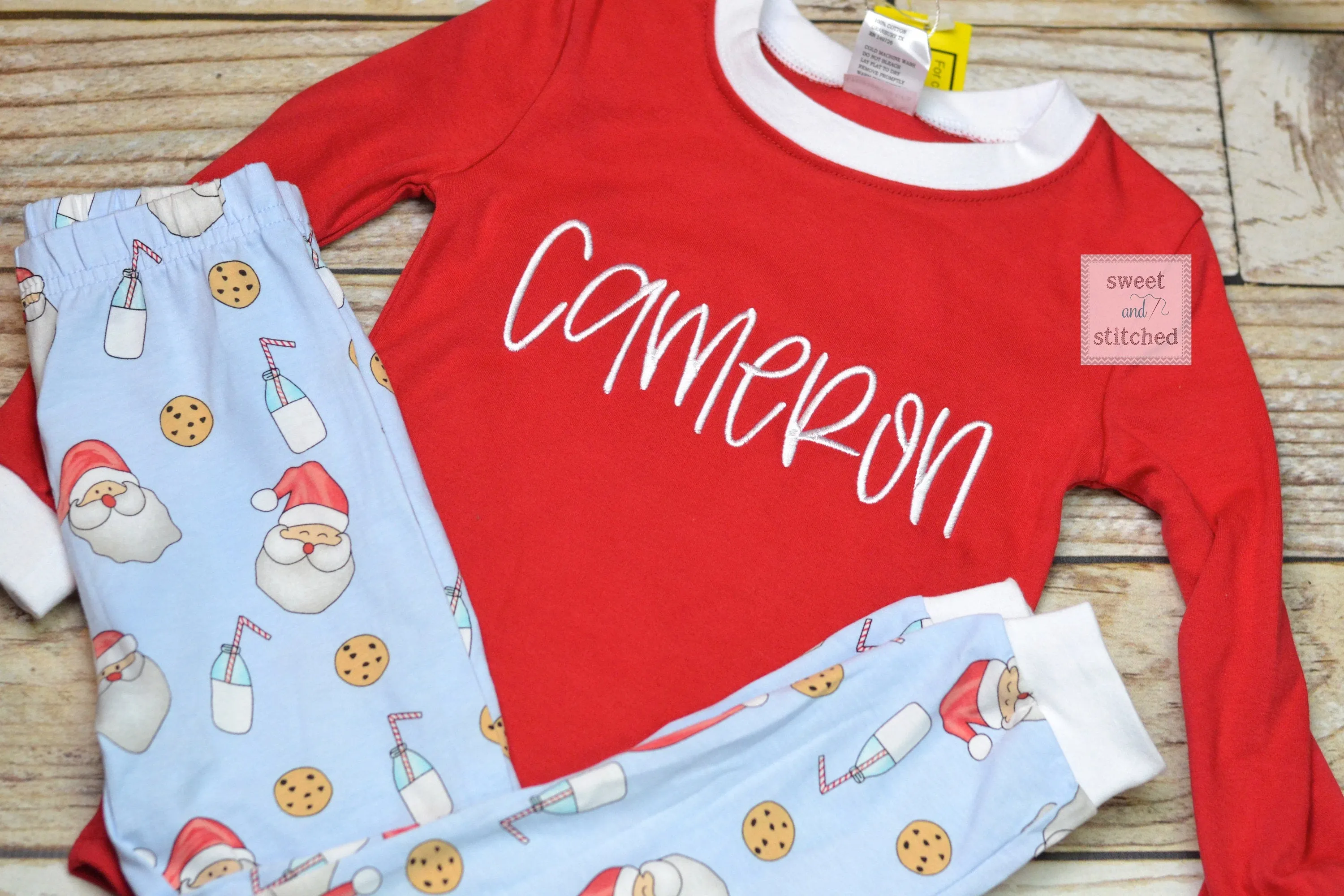 Kids Christmas Pajamas (Pjs, Jammies) in new Style 2021 with santa, cookies and milk design, monogrammed Christmas pjs