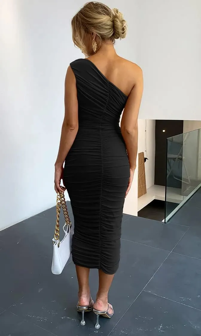 LAGSHIAN Women's Sexy Bodycon One Shoulder Sleeveless Ruched Midi Club Party Dress