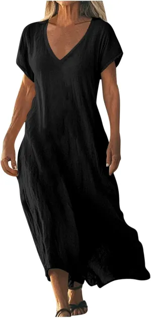 Linen Dresses for Women Trendy Vneck Long Maxi Dress Flowy Summer Sundresses Boho Beach Wear