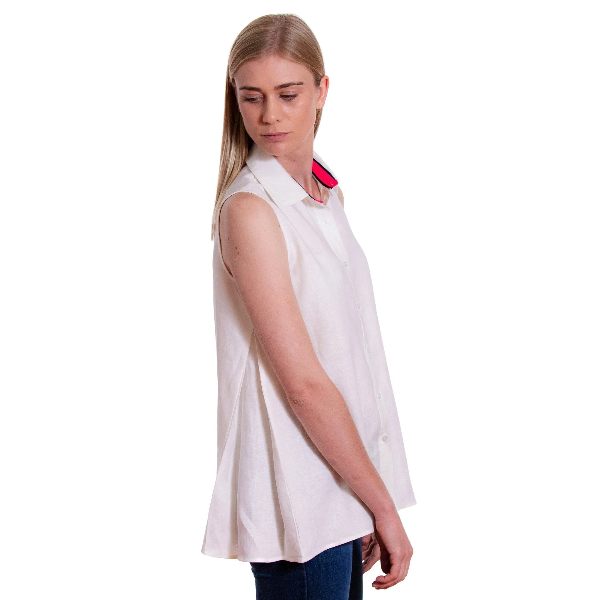 Linen Sleeveless Swing Shirt - White