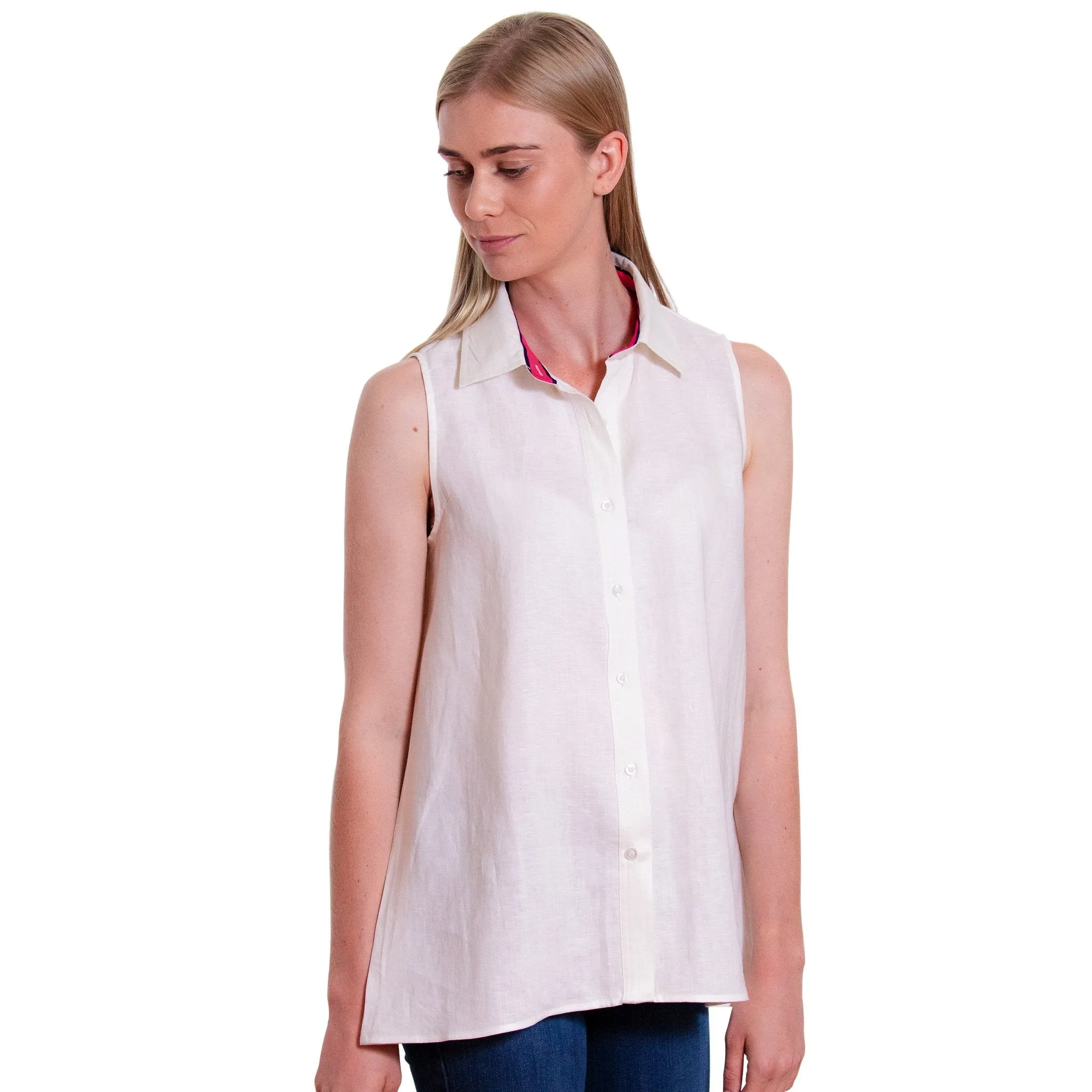Linen Sleeveless Swing Shirt - White