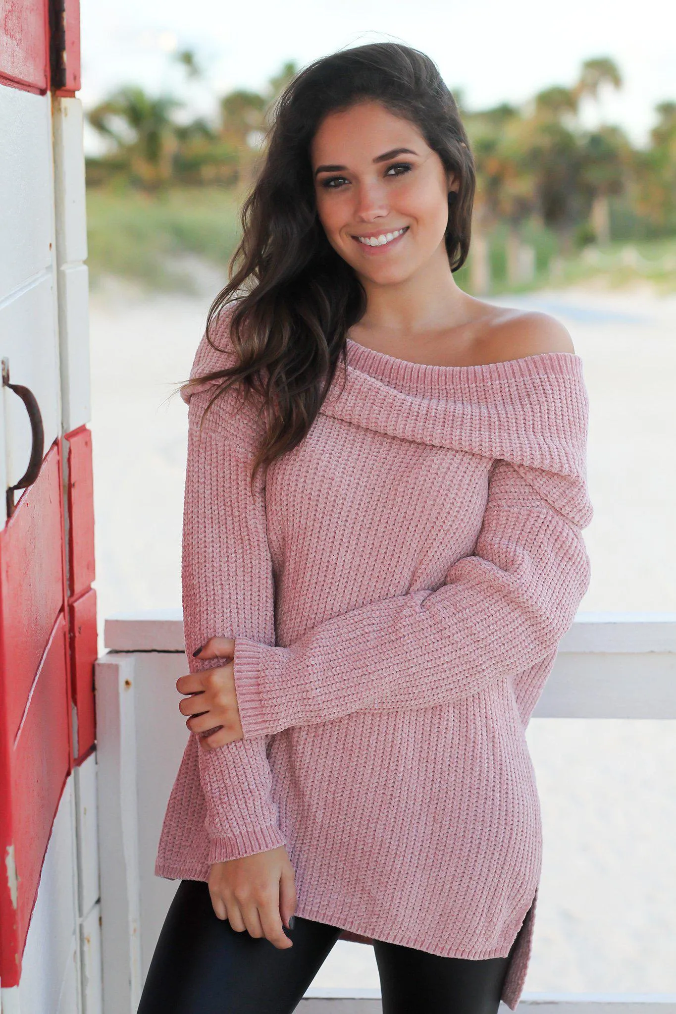 Mauve Off Shoulder Knit Sweater